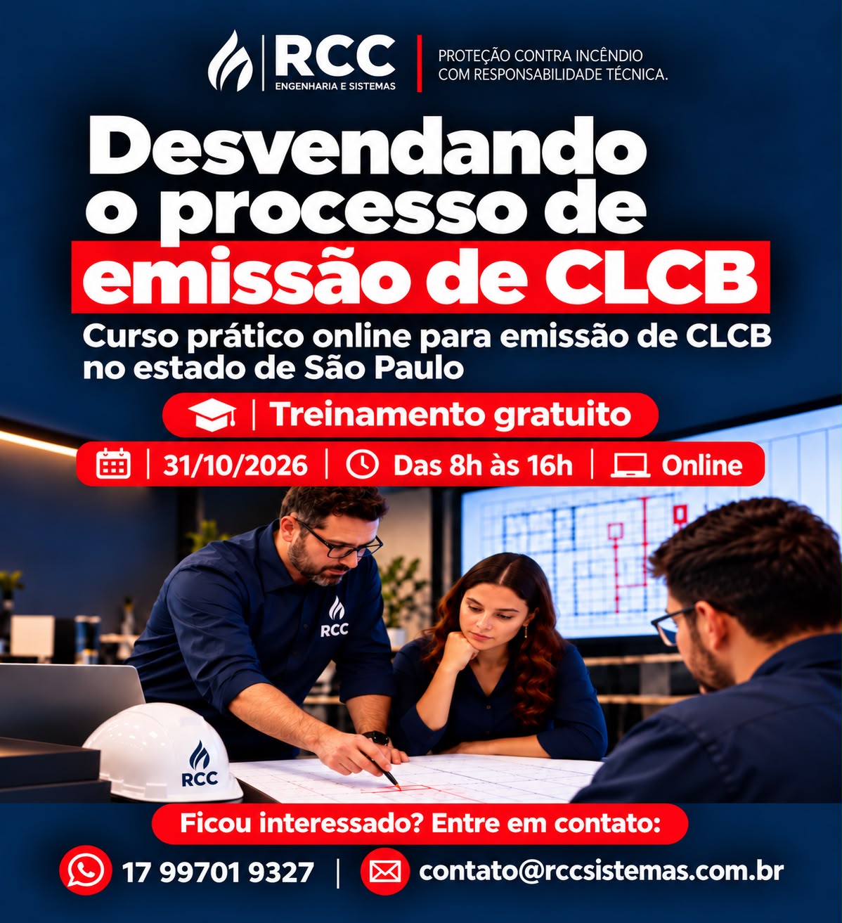 Cena ilustrativa da arte de divulgação: pessoas analisando um projeto de proteção contra incêndio.